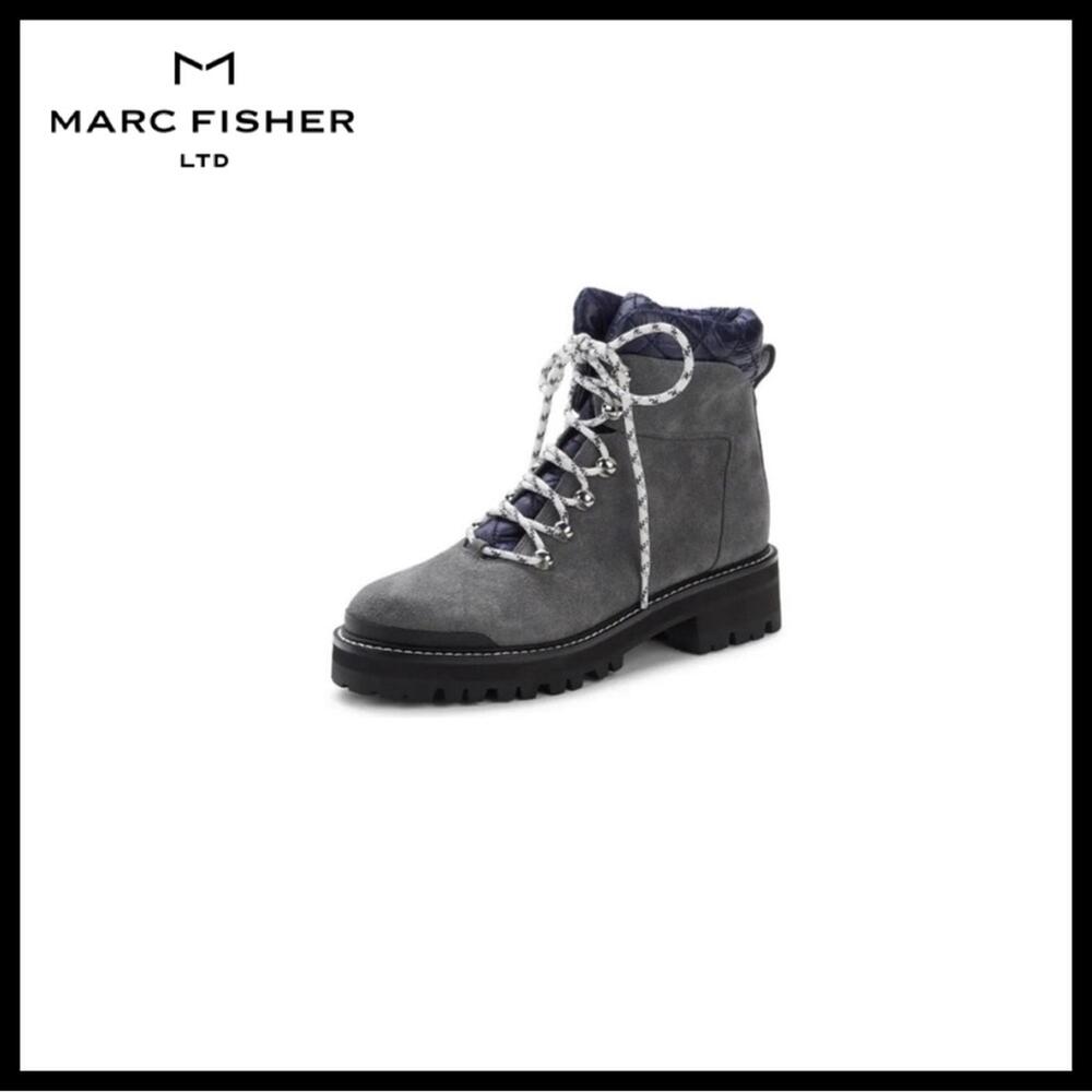 Marc Fisher Faux Suede Boots Gray With Blue Quilted Collar